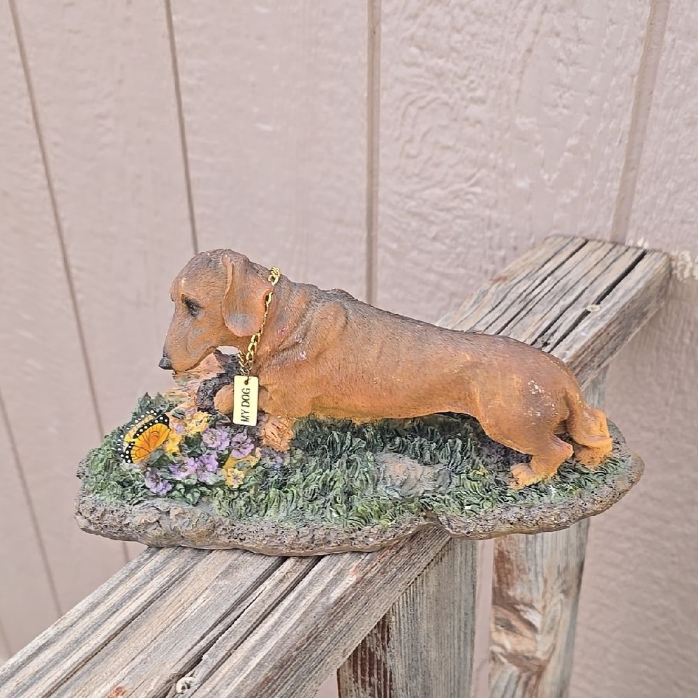 Dachshund Figurine with Butterfly & Flowers • Cottage Garden Decor